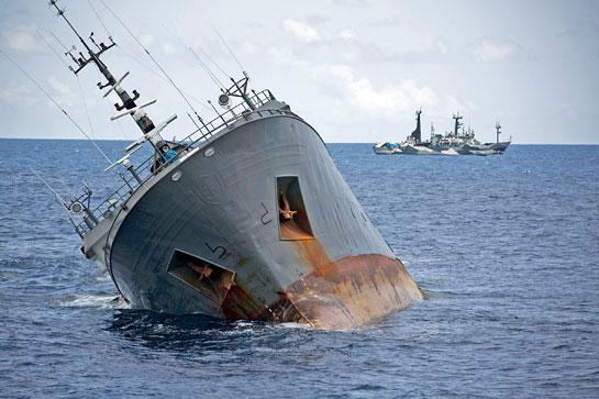 The Interpol-wanted, illegal fishing vessel Thunder slipping beneath the waves after a heroic 110-day chase across three oceans.