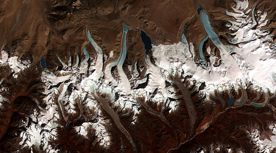 A NASA image showing the formation of lakes as glaciers melt in the Himalaya in Bhutan. The world is losing its supplies of fresh water as the climate warms.