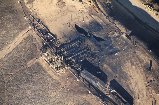 Direct overhead photo of the leaking Aliso Canyon well pad that is polluting Porter Ranch community in Los Angeles County.