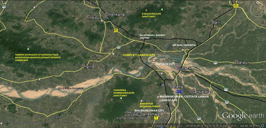 A satellite map of the Athgarh landscape shows the &acirc;islanded' forests that need to urgently be reconnected via the restoration of forest corridors.