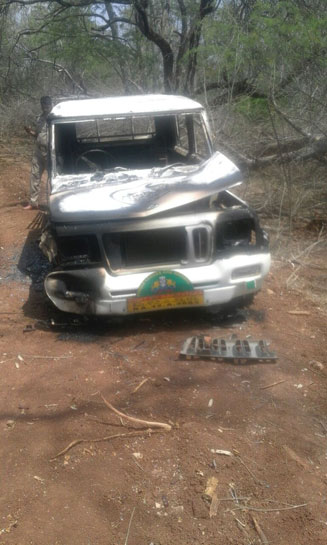 Forest Department Jeep burned down by protesting villagers
