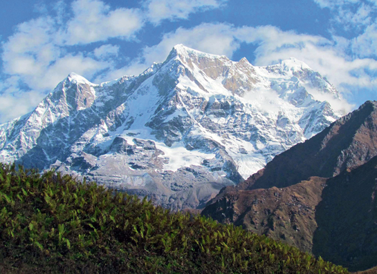 The magnificent Chaukhambha massif, named for its four prominent summits, as seen from the Buda-Madmaheshwar temple inside the sanctuary.
