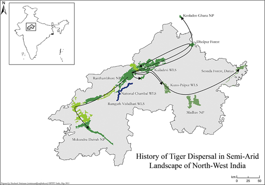 The map depicts crucial tiger dispersal routes within the Western India Tiger Landscape.