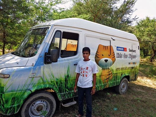 Meghraj Saini, a B.Sc student at the Government College, Sawai Madhopur, travels around Ranthambhore Tiger Reserve, organising meetings to win support for the tiger, explaining how to avoid conflict and drawing children into conservation.