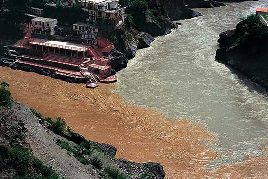 Originating from the Gangotri glacier, the Bhagirathi River meets the Alaknanda at the holy confluence of Devprayag at Rishikesh. Melting glaciers and large impoundments, coupled with deforestation threaten the Ganges. Originating from the Gangotri glacier, the Bhagirathi River meets the Alaknanda at the holy confluence of Devprayag at Rishikesh. Melting glaciers and large impoundments, coupled with deforestation threaten the Ganges.