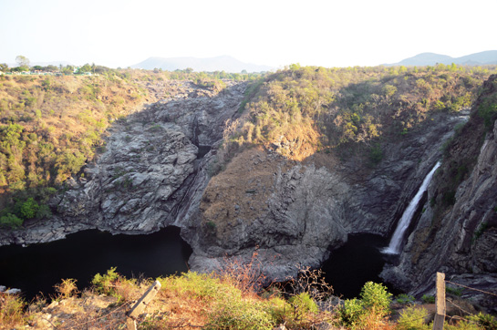 Waterfalls and large pools characterise the Shivasamudram reach of the Cauvery. The river was once stocked exclusively with hump-backed mahseer.