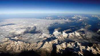 An aerial panaroma of the Himalaya over the cold desert of Ladakh.