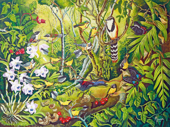 The artist's strikingly vivid and lucid paintings showcase her mastery over the use of light and reflect her innate passion and appreciation for the natural world, especially its floral and avian wonders.