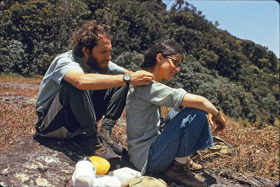 American primatologist Steven Green pretends to &acirc;groom' his partner Karen Minkowski in the manner of the lion-tailed macaques they were studying in Kalakad in April 1975.