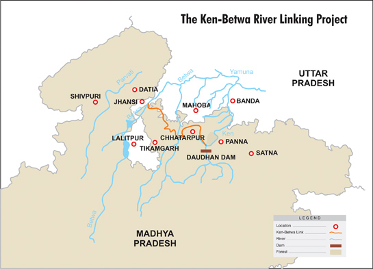 A map showing the proposed route of the Ken-Betwa River Linking Project, which will involve diversion of a large part of the Panna Tiger Reserve.