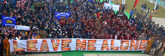 A Kids for Tigers Fest in New Delhi in January 2014.  The young people echo the tiger's cry to &acirc;Leave Me Alone