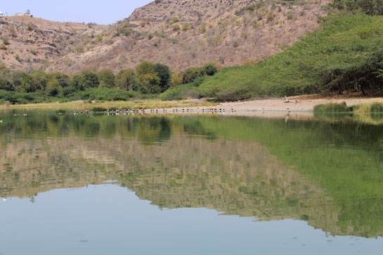 The Lonar Crater harbours a landlocked saline-alkaline lake about 140 m. below the rim.