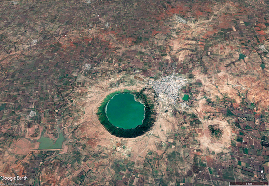 A Google Map screen grab clearly shows the prominent geography of the impact crater against the rest of the landscape.