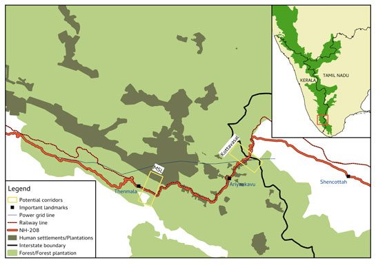 A map highlighting areas that need to be restored to facilitate large mammal movement across the Ariyankavu pass.