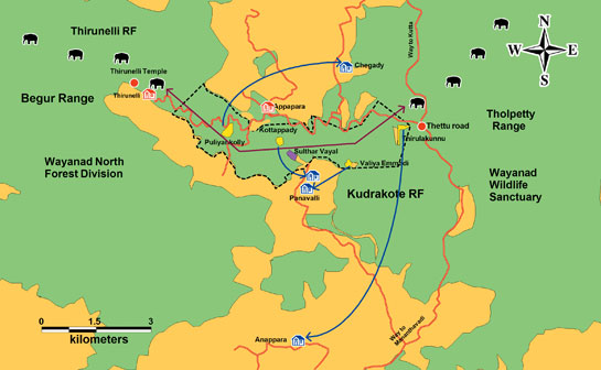 A plot map of the Thirunelli-Kudrakote Elephant Corridor in Kerala: a vital habitat link between the two Reserve Forests it is named after, and for elephant movement through the larger landscape.