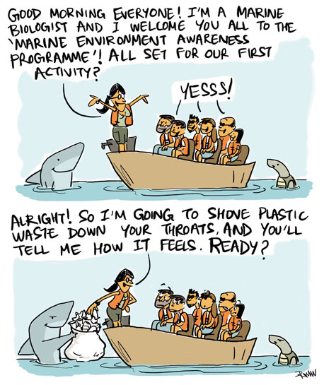 This powerful cartoon created by Rohan to highlight marine conservation awareness is the right mix of realism and humour. This powerful cartoon created by Rohan to highlight marine conservation awareness is the right mix of realism and humour.