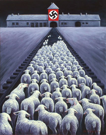 Satirical depiction of the factory farming practices of the meat industry comparing it to the atrocities of the Holocaust. Satirical depiction of the factory farming practices of the meat industry comparing it to the atrocities of the Holocaust.