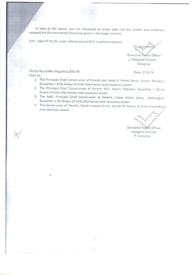 The Golaghat Divisional Forest Officer's letter to the State Environmental Impact Assessment Authority (SEIAA) - cont. The Golaghat Divisional Forest Officer's letter to the State Environmental Impact Assessment Authority (SEIAA) - cont.