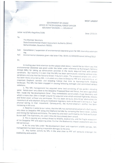 The Golaghat Divisional Forest Officer's letter to the State Environmental Impact Assessment Authority (SEIAA). The Golaghat Divisional Forest Officer's letter to the State Environmental Impact Assessment Authority (SEIAA).