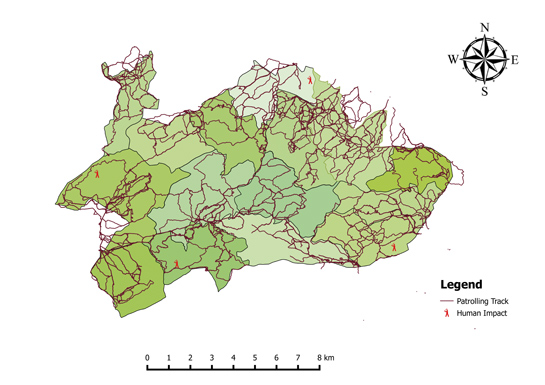 A schematic map of one range of a tiger reserve, overlaid with GPS tracks of weekly patrols recorded by forest guards in their respective beats. Also plotted on the map, on exact locations, are instances of human impact or disturbances.