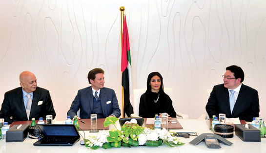 Hemendra Kothari, Thomas Kaplan, Her Excellency Razan Khalifa Al Mubarak, and Jho Low (from left to right) announce a global alliance to protect wild cats and commit $80 million to it.