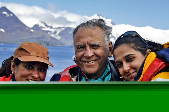 Sandwiched between his daughters Meenal (left) and Radhika (right) during a trip to Antarctica in 2011, Dr. Ranjitsinh exemplifies the doting father.