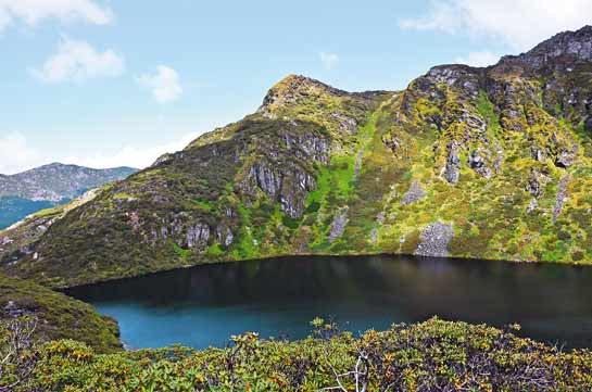 The awe-inspiring mountains surrounding the Bhagajang Wetland Complex transform into a vista of flowering herbs in August and September, embellished by mirror-like lakes such as the Gonpo La Tso located at an altitude of 4,174 m. The awe-inspiring mountains surrounding the Bhagajang Wetland Complex transform into a vista of flowering herbs in August and September, embellished by mirror-like lakes such as the Gonpo La Tso located at an altitude of 4,174 m.