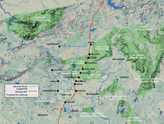 The blood red line on this map marks the alignment of NH7 through the Kanha-Pench corridor. The yellow section signifies the stretch approved for tree felling.