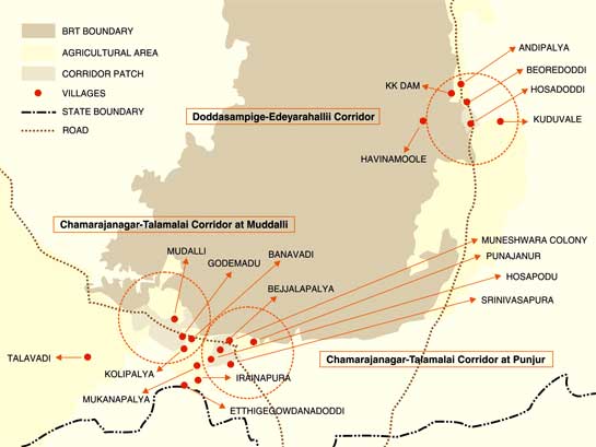 Wildlife Corridors and Villages in the BRT Sanctuary Landscape (MAP NOT TO SCALE)