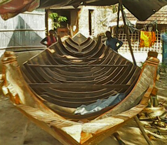Motorised boat used for navigating water ways to reach conflict areas in the Sundarbans.