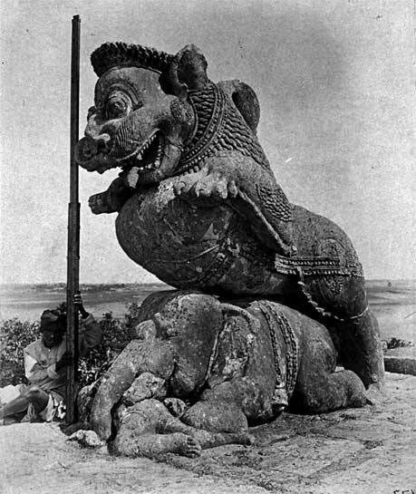 A heavily stylised lion rearing over an elephant at the Surya Temple at Konark.