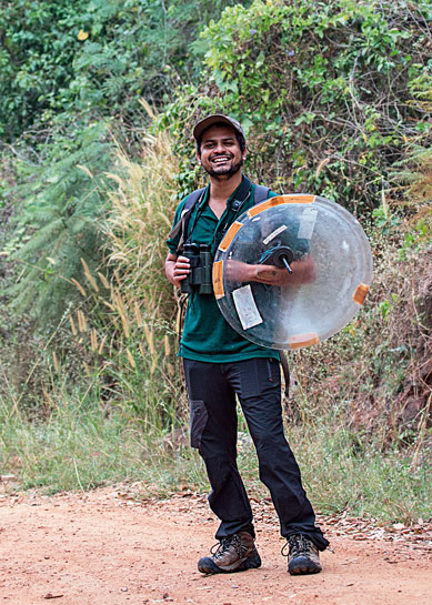 All &acirc;geared' up with the quintessential birders' equipment of binoculars and bird call recording device, Shashank Dalvi roams the forests of the Valley School, Bengaluru.